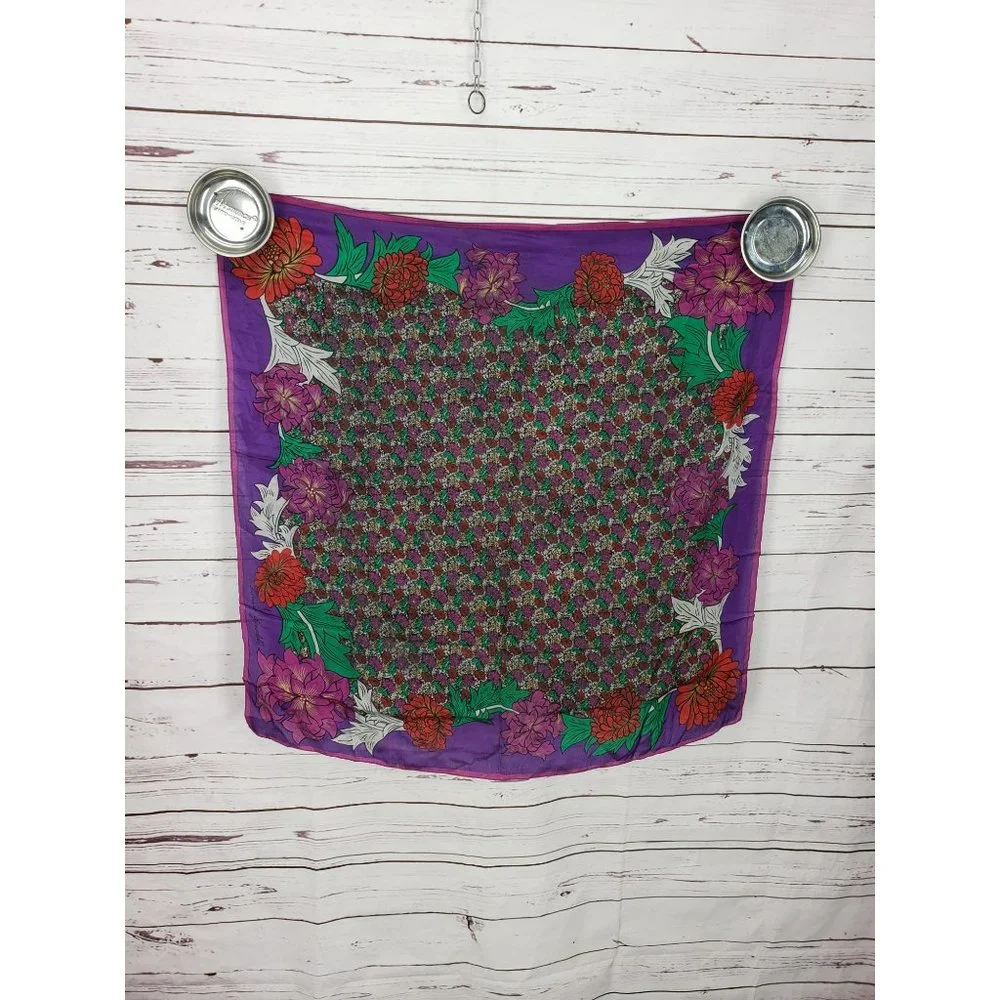 Vintage Laura Geraldi Womens Scarf Rectangular‎ Purple Red Floral Silk